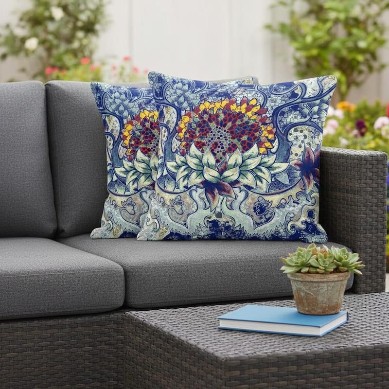 HomeRoots Set of Two 16" X 16" Blue and Yellow Blown Seam Floral Indoor Outdoor Throw Pillow - 16.00' X '16.00' X '5.00 - Blue/Yellow - 16.00' X '16.00' X '5.00