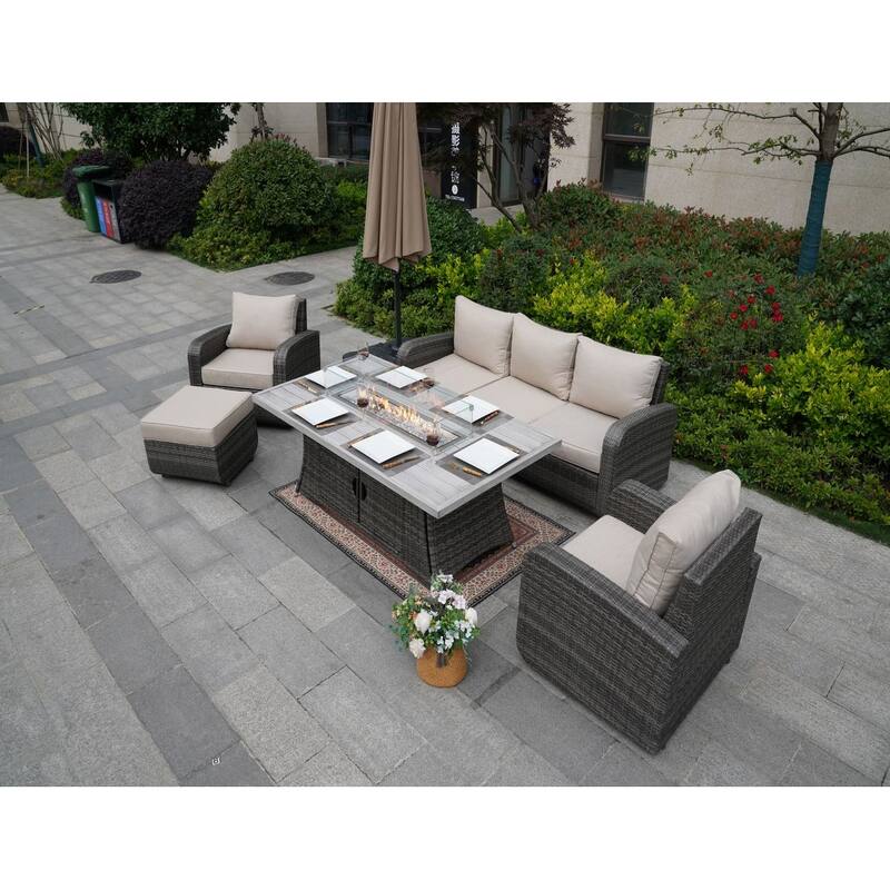 5-Piece Wicker Patio Sofa Set with Gas Firepit And Ice Bucket by None