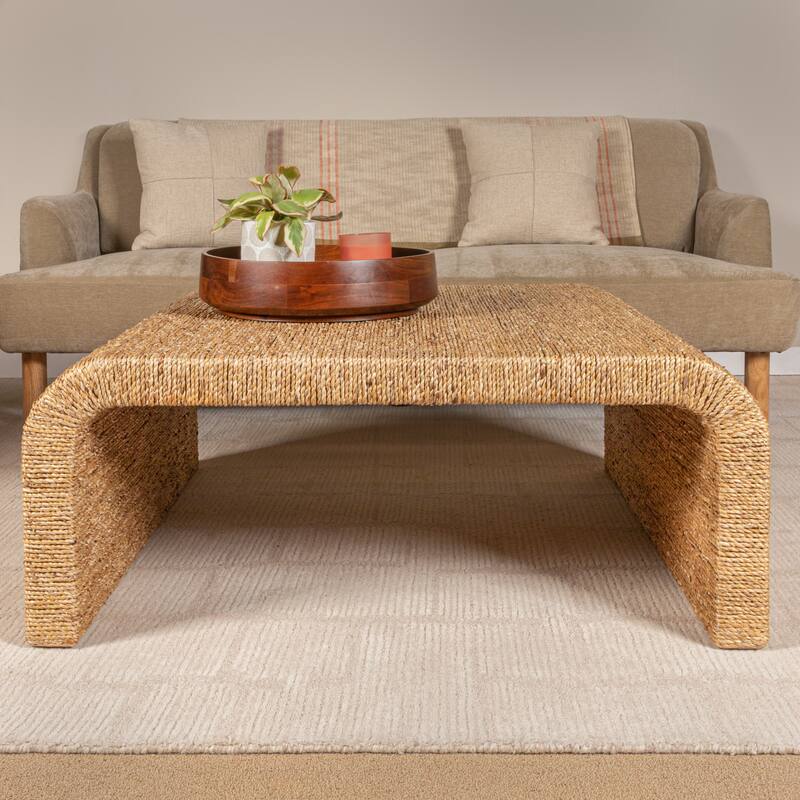Miramar Water Hyacinth & Acacia Wood Coffee Table with Waterfall Edge