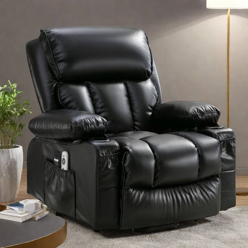 Large Power Lift Recliner Chair with Heat and 8-Point Massage - Remote Control, USB Port - Black