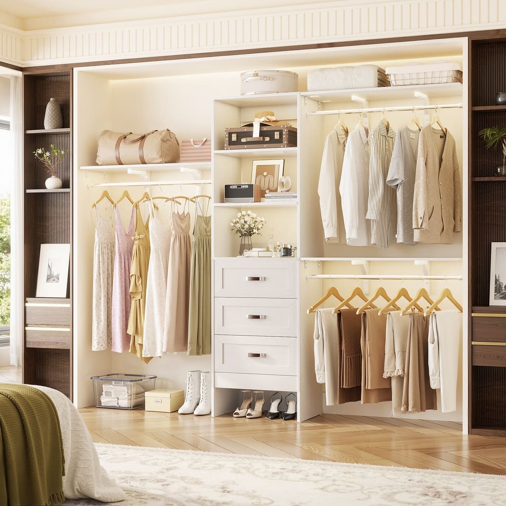 96'' Adjustable Closet Organizer with Drawers, Closet System with Hanging Rods and Storage Shelves