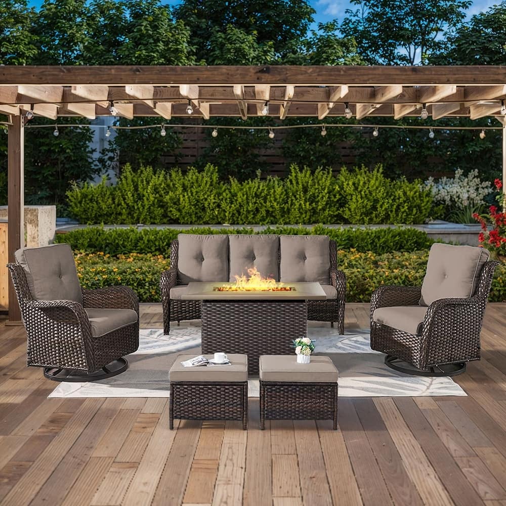 Gymojoy 6-Piece Outdoor Wicker Patio Furniture with Fire Pit Table, Rattan Coversation Set with Water Resistant Thick Cushions