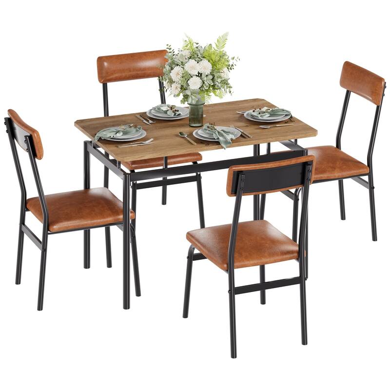 5 Piece Dining Table Set for 4, Small Industrial Kitchen Table with PU Padded Chairs & Metal Frames - Brown