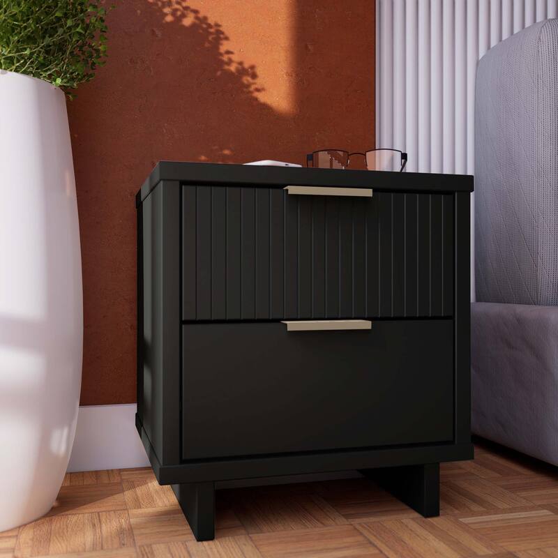 18-Inch Black Nightstand with Two Drawers and Glam Handles