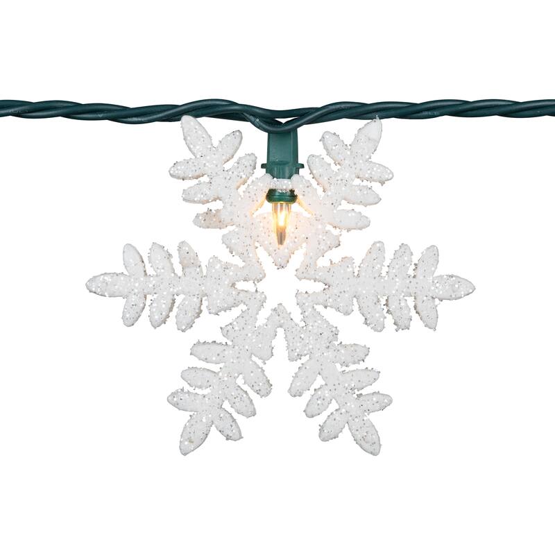 10-Count White Glittered Snowflake Christmas Light Set, 6ft Green Wire