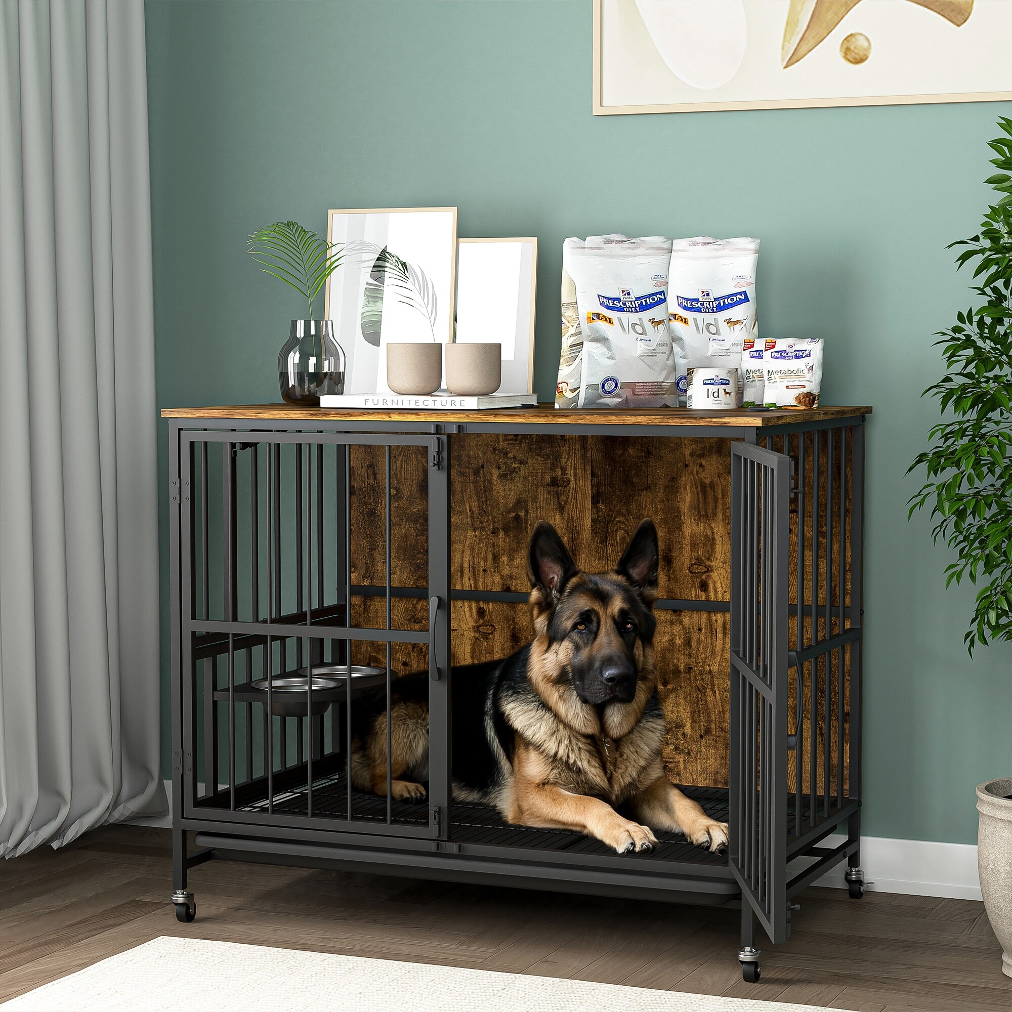 Modern Kennel Dogs room up to 60 LB Dog crate furniture with Multi Purpose Rremovable Ttray Double Door Dog House Antique brown