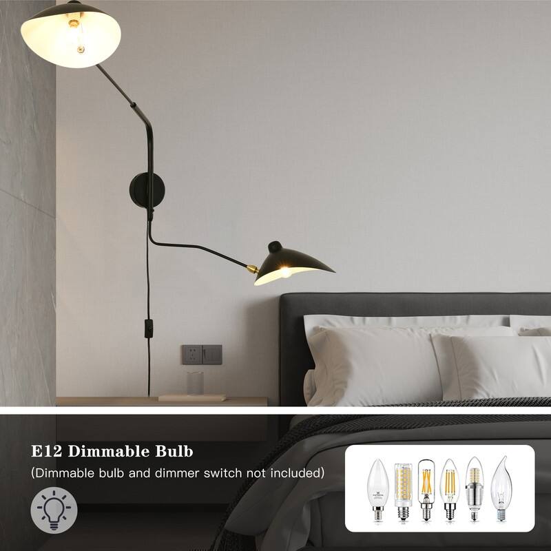 2-Lights Swing Arm Wall Sconces, Plug in Rotatable Black Wall Lights