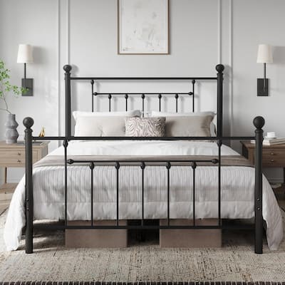 VECELO Metal Platform Bed Frame with Headboard and Footboard, Heavy Duty Slat Support/Underbed Storage Space, Victorian Style