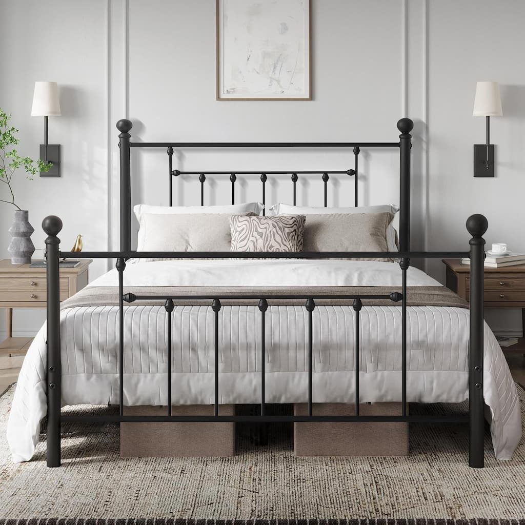 VECELO Metal Platform Bed Frame with Headboard and Footboard Heavy Duty Slat Support Underbed Storage Space Victorian Style