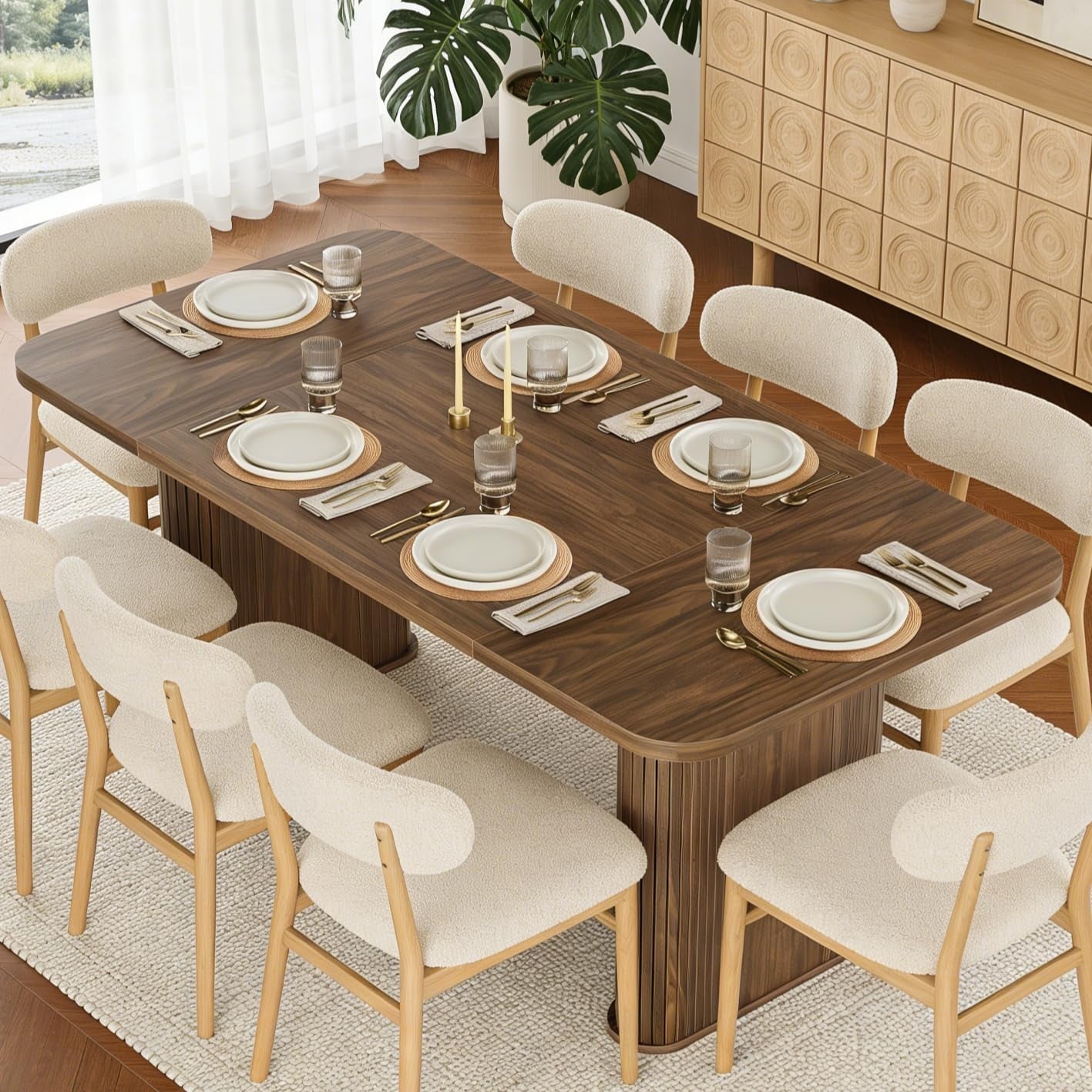 62 in Dining Table for 6-8, Rectangle Wooden Kitchen Table with Double Robust Pedestal
