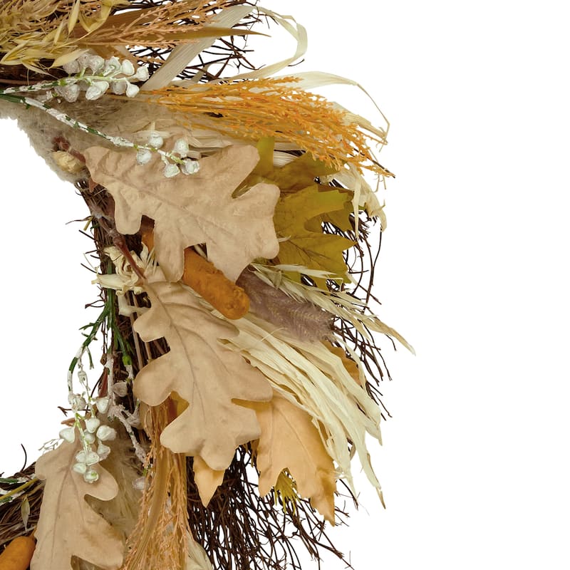 24" Autumn Harvest Cattail and Wheat Artificial Thanksgiving Wreath - Unlit