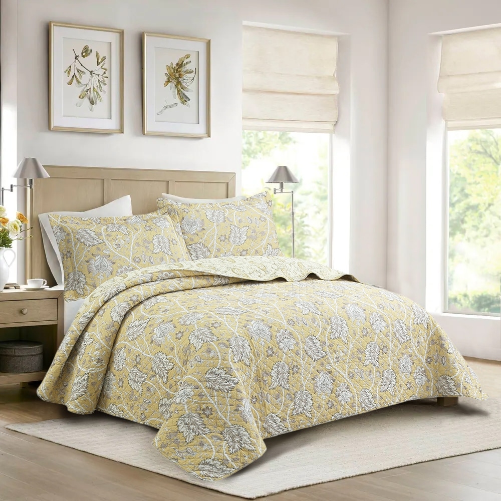 Cozy Line Flaxen Yellow Tan Brown Floral 3 Piece Cotton Quilt Bedding Set