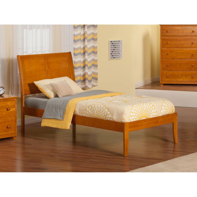 King Platform Bed Walnut Finish - Modern Sleigh Style Bed Frame with Open Footboard