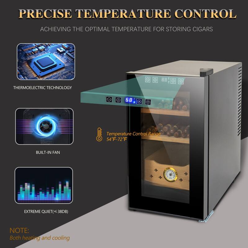 Black 25L Cigar Humidor Electric Cooling Heating 150-Count Capacity - 19.40 x 10.20 x 17.70