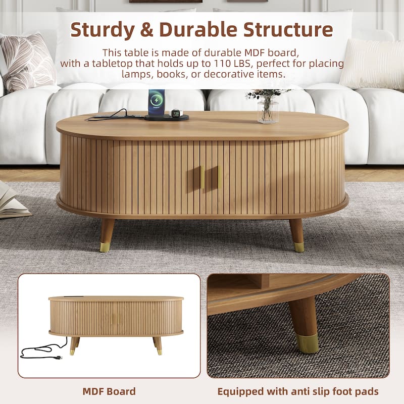 Farmhouse Wooden TV Stand & Coffee Table Set, Oval Media Console with Sliding Doors & Charging Station for TVs up to 80"