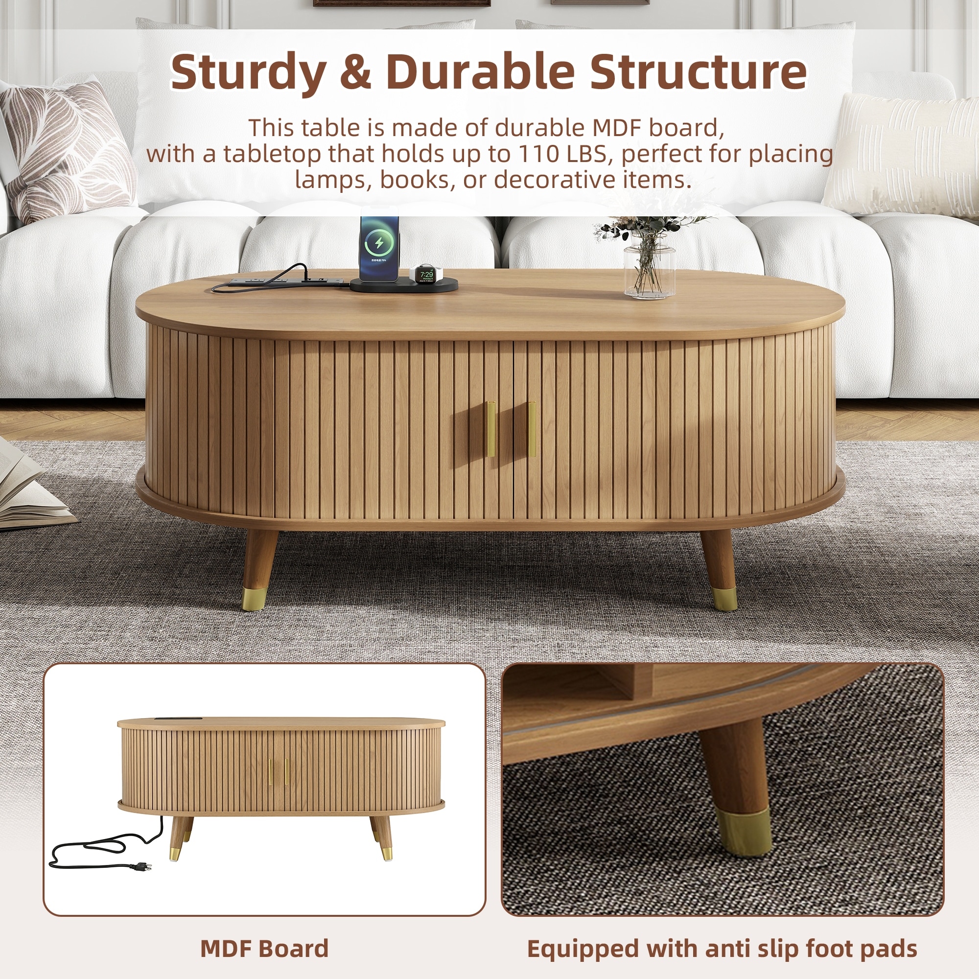 Roomfitters Mid-Century Coffee Table, Wooden Oval Fluted Center