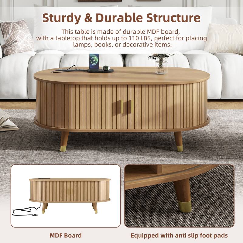 Wooden TV Stand and Coffee Table Set of 2, Sliding Door TV Cabinet TV Console with Charging Station for TVs up to 80", Natural