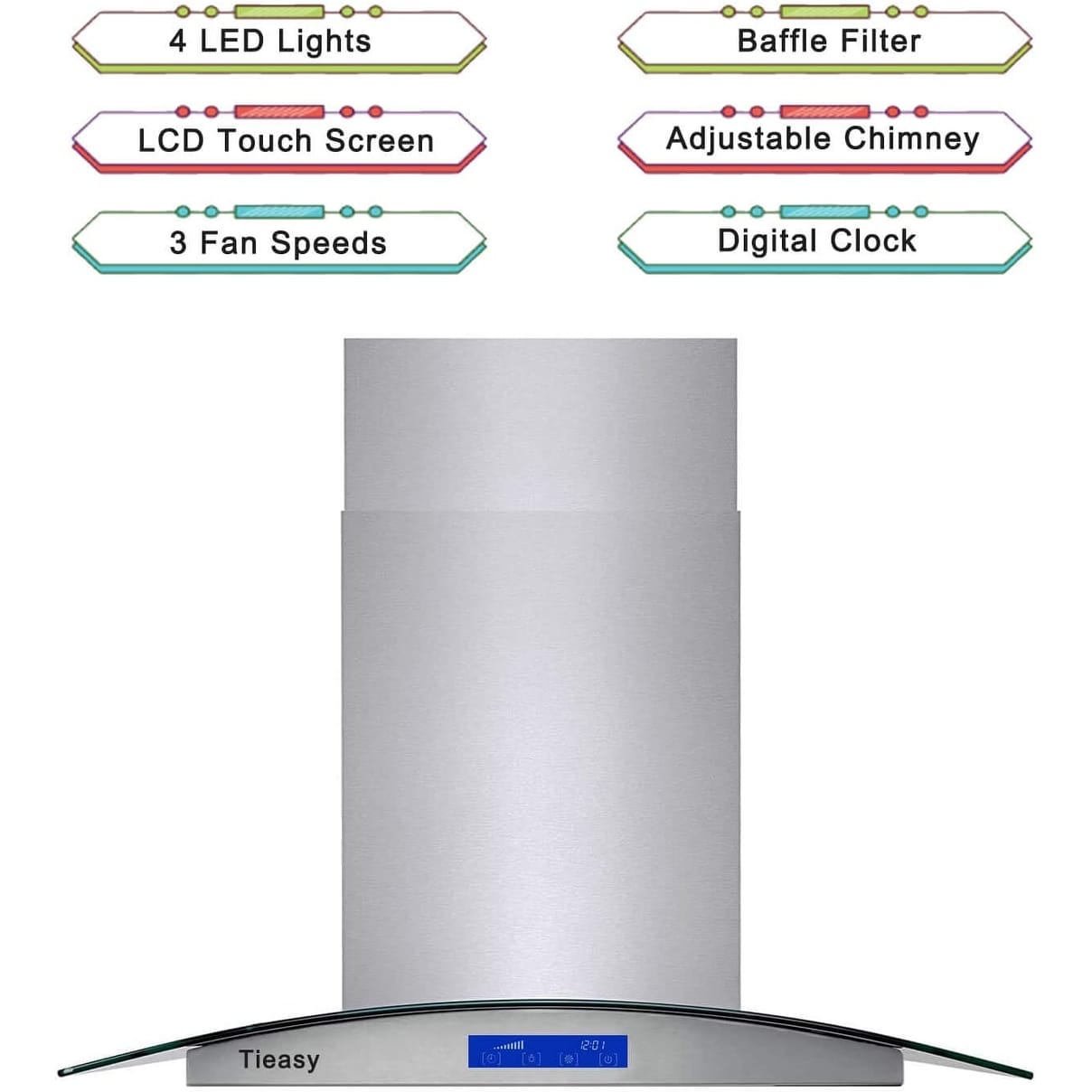 Tieasy 36 inch Island Range Hood 700 CFM, 4 LED Lights 5-Layer Filters, Kitchen Hood Ducted/Ductless Convertible