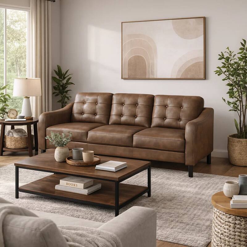 Orry 77 Inch Sofa, Button Tufted Back, Brown Microfiber, Black Solid Wood