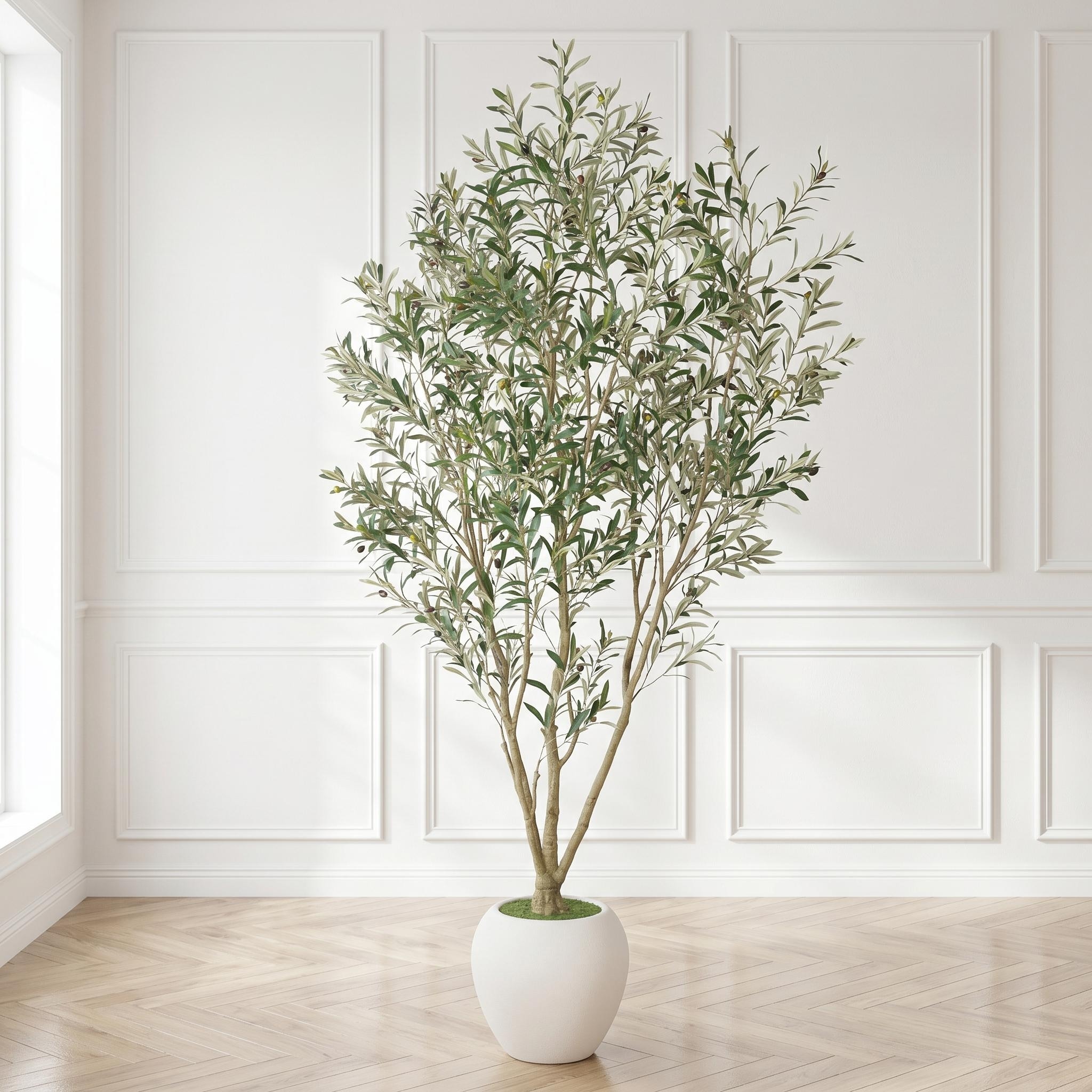 8FT Artificial Olive Tree With Big Decorative White Planter, Tall Indoor & Covered Outdoor Decorative Tree, 1pc/set