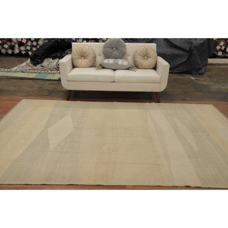Hand Woven Oriental 100% Wool Carpet Southwestern Modern Beige & Ivories Kilim Area Rug - 9' 7'' X 6' 9''