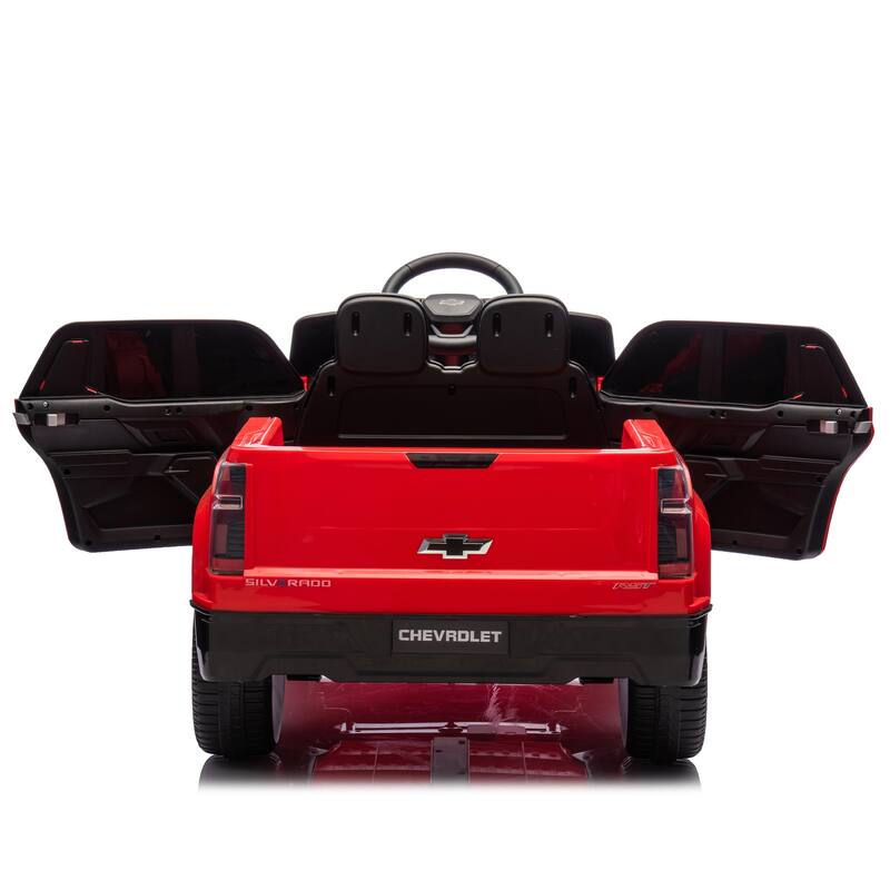 Licensed 24V Chevrolet Silverado EV Kids Ride-On Car with Four-Wheel Suspension, Remote Control, Bluetooth, and LED Lights