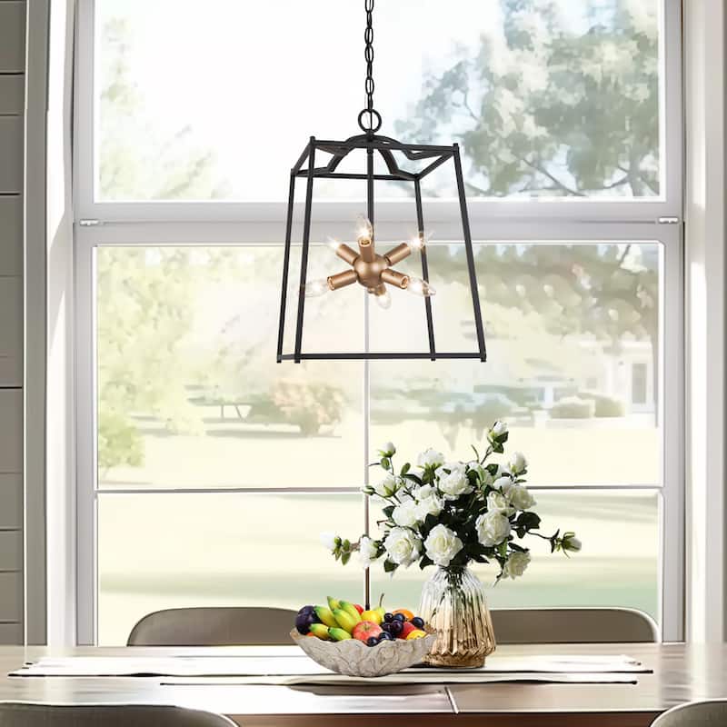 Zenith Modern Transitional Metal Lantern Chandelier Black Gold 6-Light Kitchen Island Pendant Lights - D 14" x H 20"