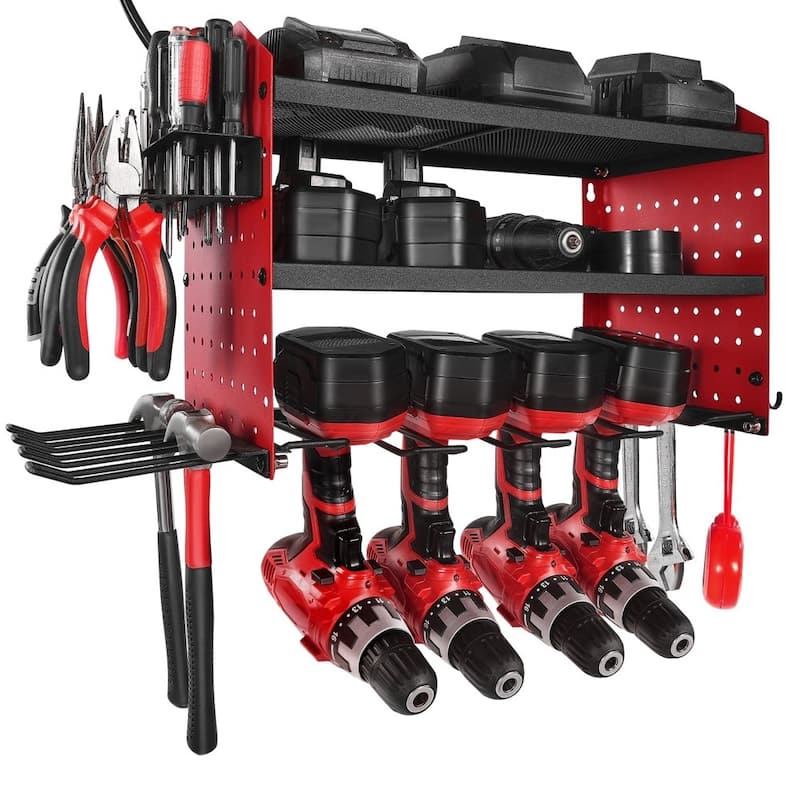 3-Tier Wall Hanging Tool Rack with Built-In 8-Outlet Power Strip and Adjustable Middle Shelf - 23.31 x 8.66 x 12.01 in