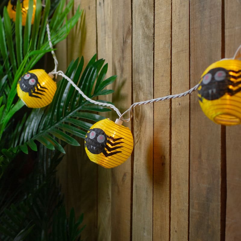 10 Yellow Black Spider Paper Lantern Halloween Lights 8.5ft White Wire