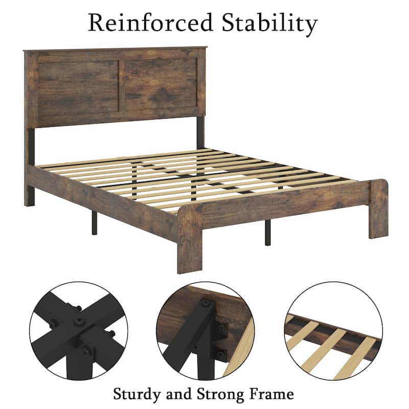 Wood Platform Bed Frame with Large Under Bed Storage and Wood Headboard, No Box Spring Needed & Easy Assembly