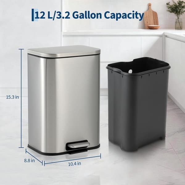 dimension image slide 1 of 7, Fingerprint-Proof Commercial Trash Can, Stainless Steel, Soft-Close Lid, Foot Pedal, Indoor Recycling,for Kitchen/Office