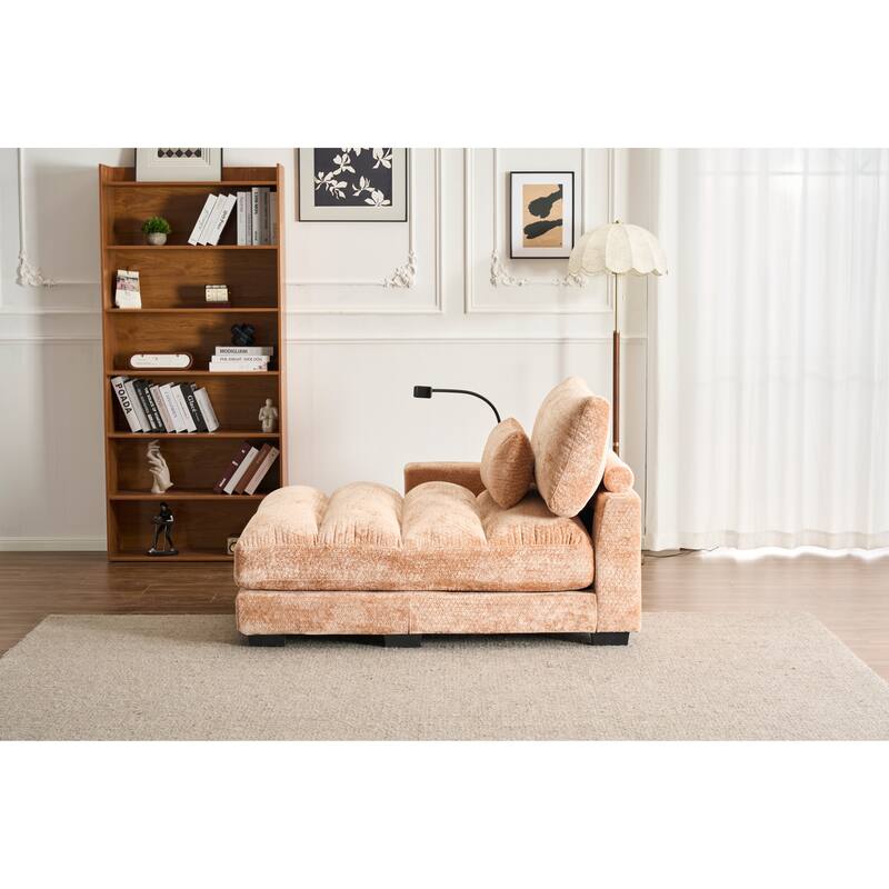 Chenille Single Sofa Chair Chaise Lounge with Phone Holder, Upholstered Recliner Sleeper Sofa Bed for Living Room