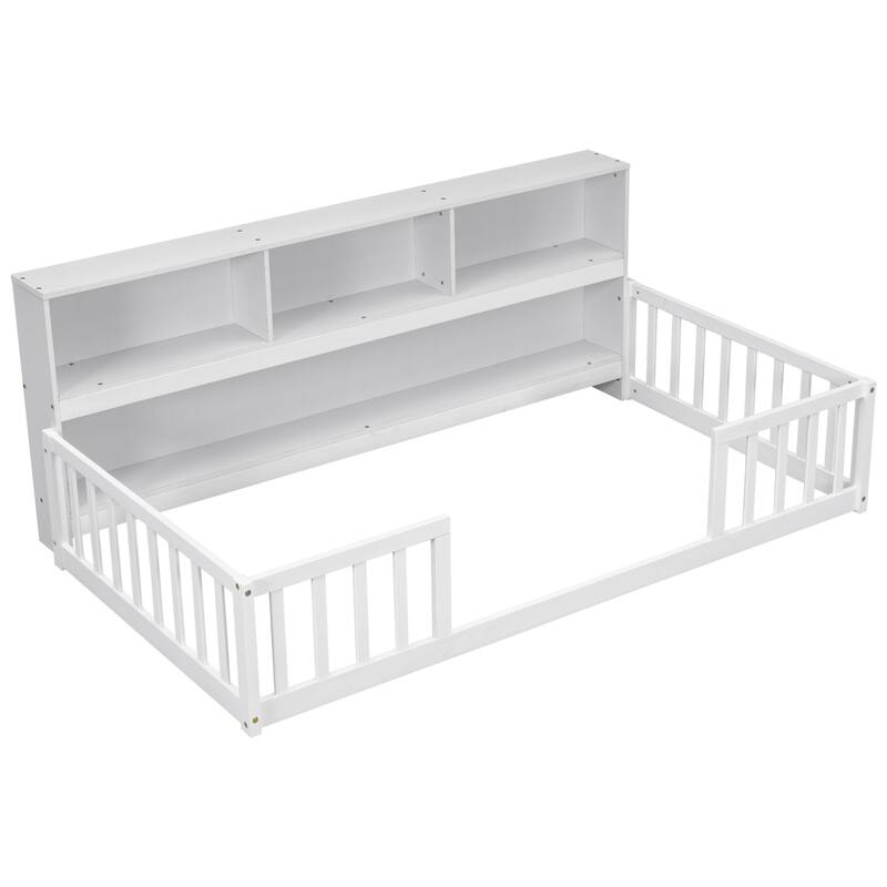 Wooden bed floor bed with bedside bookcase and shelves