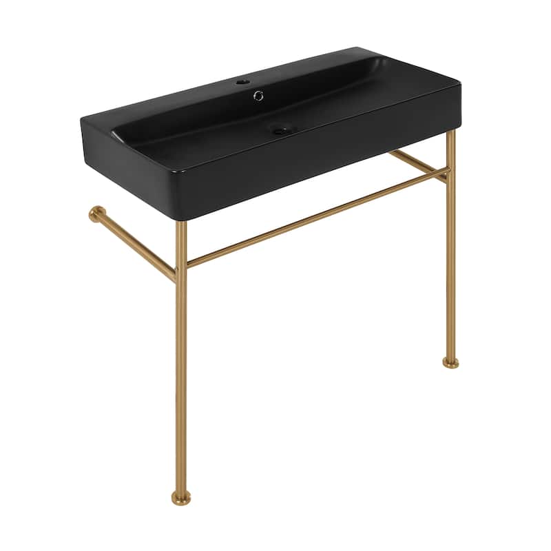 Charme 36 Ceramic Console Sink Matte Black Basin Brushed Gold Legs - 35.45" x 16.35" 35.45" - 35.45" x 16.35" 35.45" - Black
