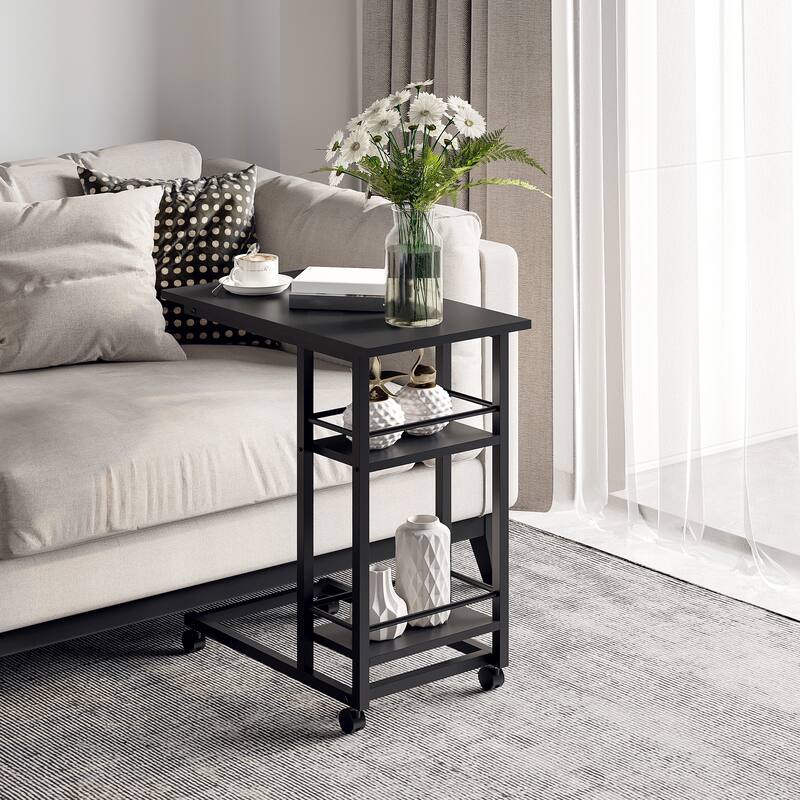 HOMCOM C Shaped End Table with Storage Shelves, Mobile Side Table with Wheels - Black