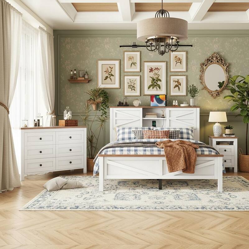 Farmhouse 3-Piece Bedroom Set with Sliding Storage Headboard & Charging Station by Harper&Bright Designs