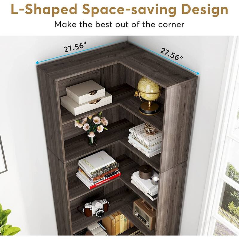 70.9 Ines Corner Bookcase, 6-Tiers L-Shaped Bookshelf Wood Display Shelf
