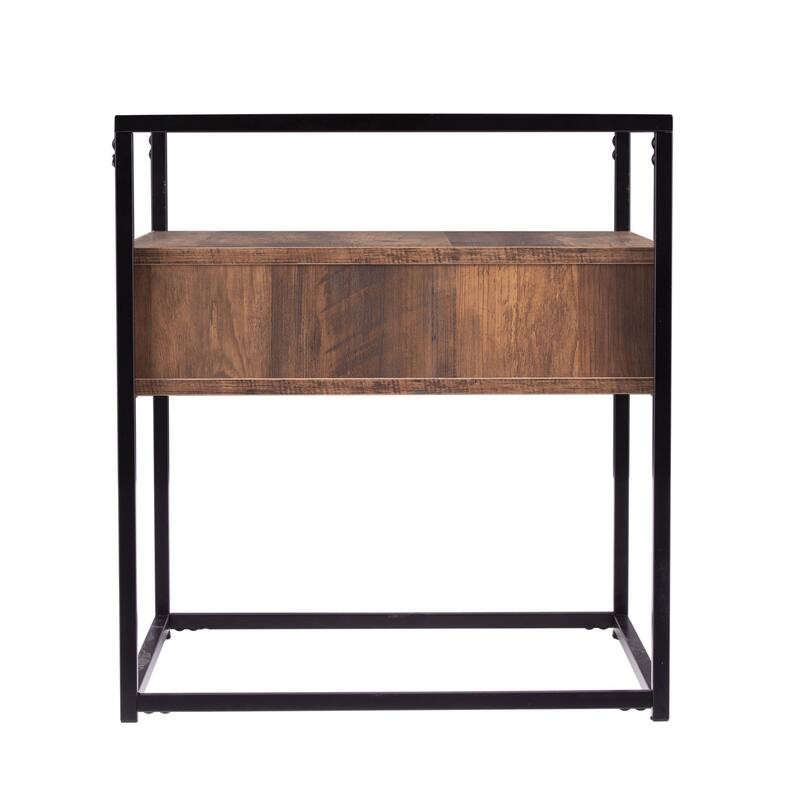 22" Black Glass And Iron Square End Table With Drawer With Shelf - Black and Brown