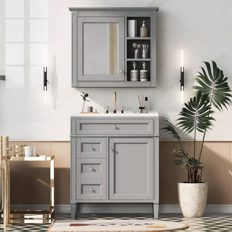 GDFStudio - Ravensden Modern Freestanding Bathroom Vanity Set with Ceramic Sink and Mirror Cabinet with a Tip-out Drawer - 30'W
