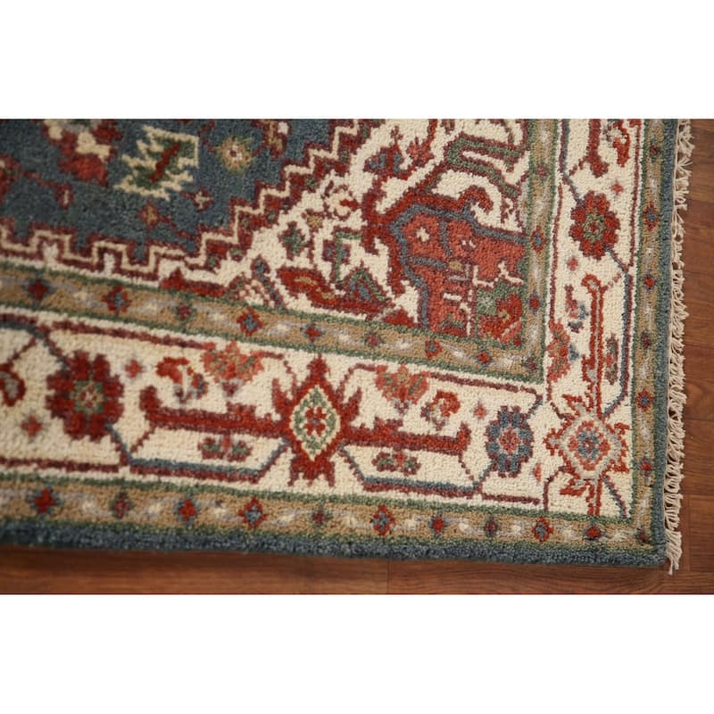 Geometric Blue Heriz-Serapi Oriental Accent Rug Handmade Wool Carpet - 4'1"x 6'0"