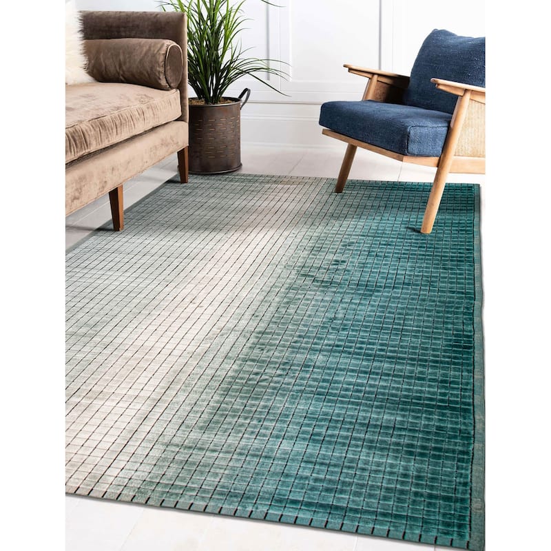 ECARPETGALLERY Hand Loomed Elysian Turquoise Viscose Rug - 6'7 x 9'3