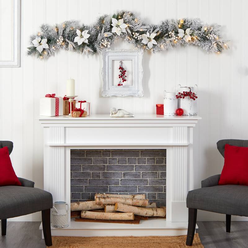 Pre-Lit Flocked Poinsettia and Berry Artificial Battery Operated Christmas Garland - 6' x 10" - Clear LED