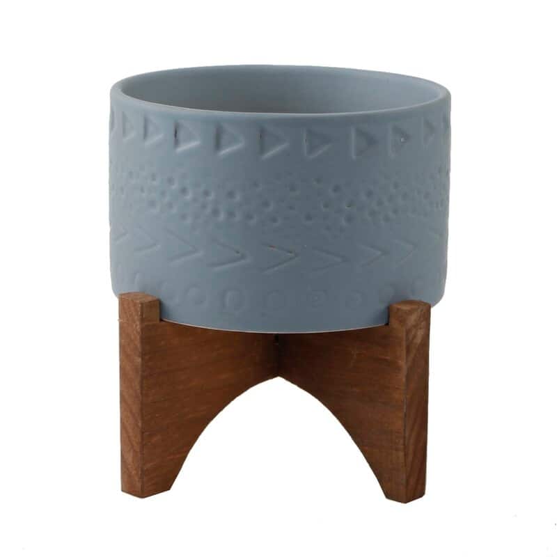 Mid-Century Modern Planter 5" Caveman Ceramic Planter on Wood Stand - Blue