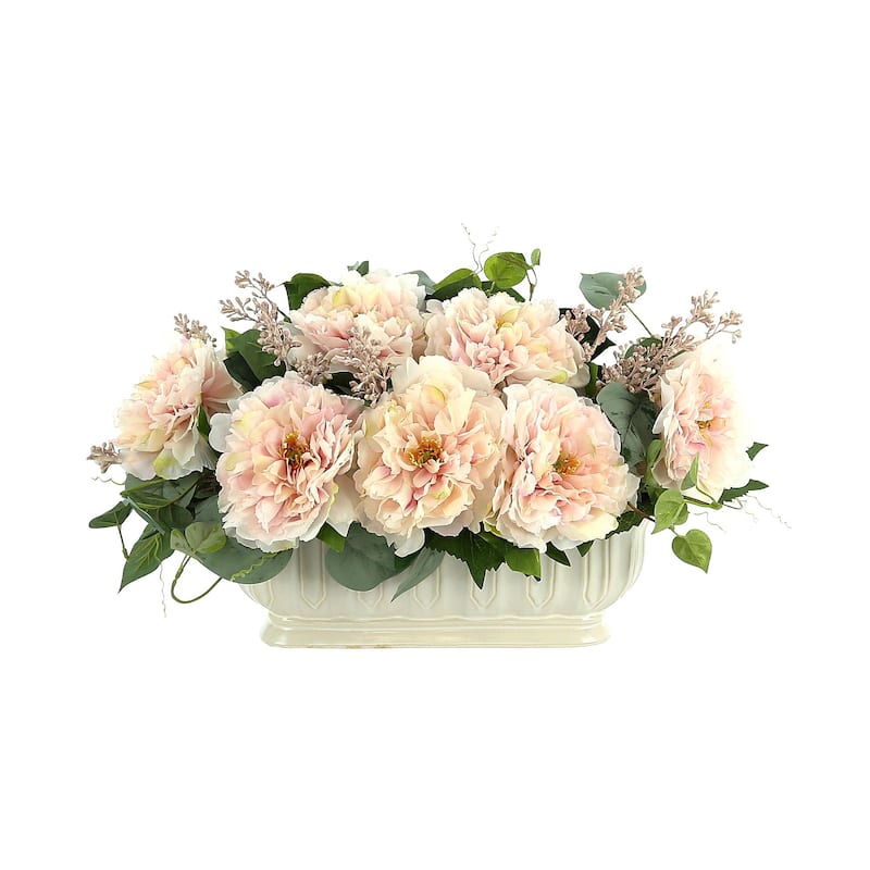 Peony, vine and eucalyptus in cream planter - Pink, Green, Cream