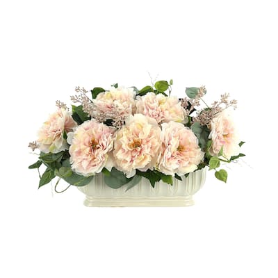 Peony, vine and eucalyptus in cream planter - Pink, Green, Cream