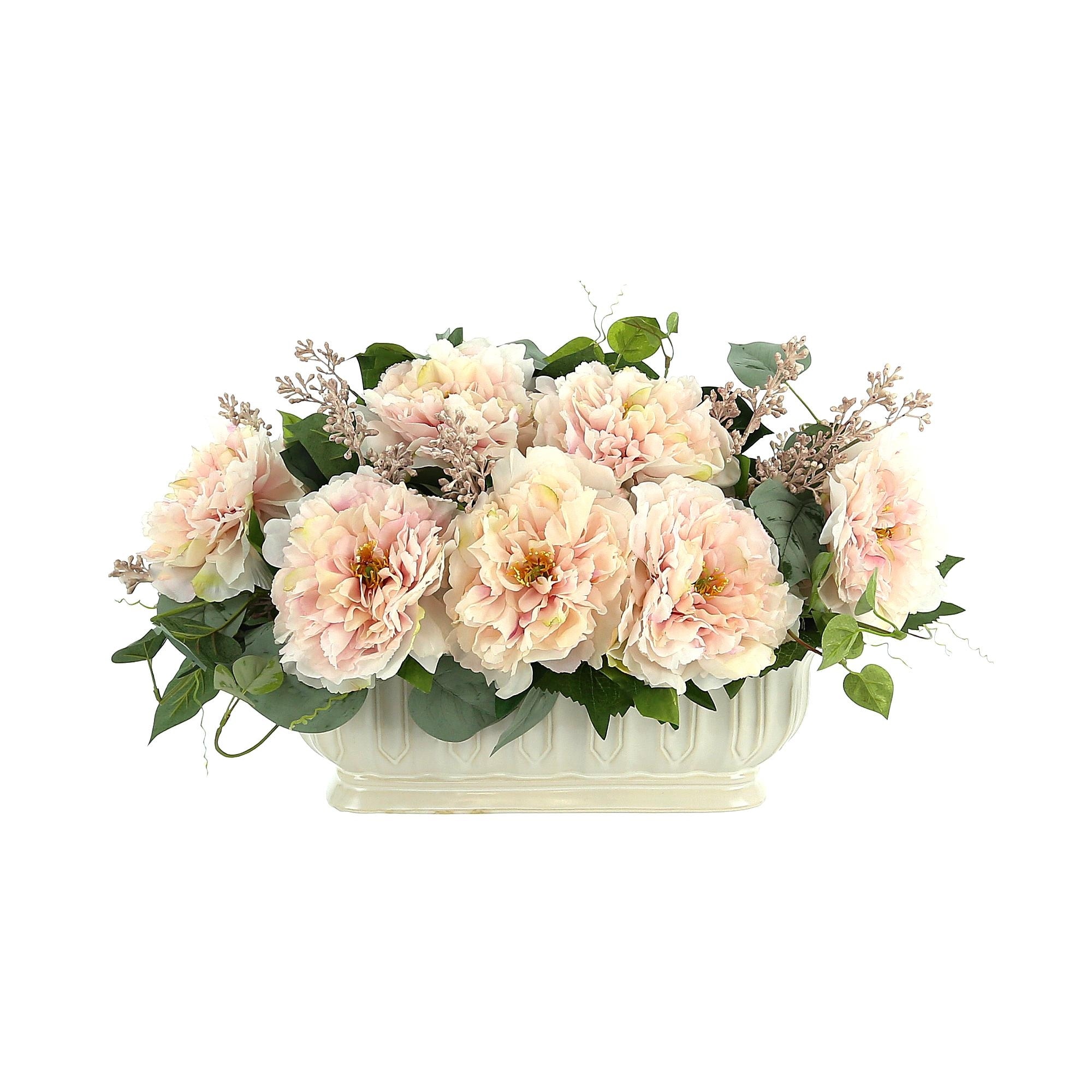 Peony, vine and eucalyptus in cream planter - Pink, Green, Cream