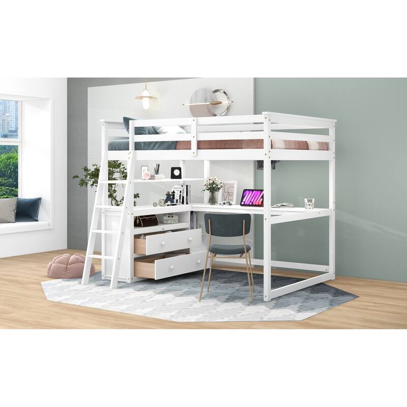 Full Size Loft Bed with Desk, Shelves, and Two Built-in Drawers in White