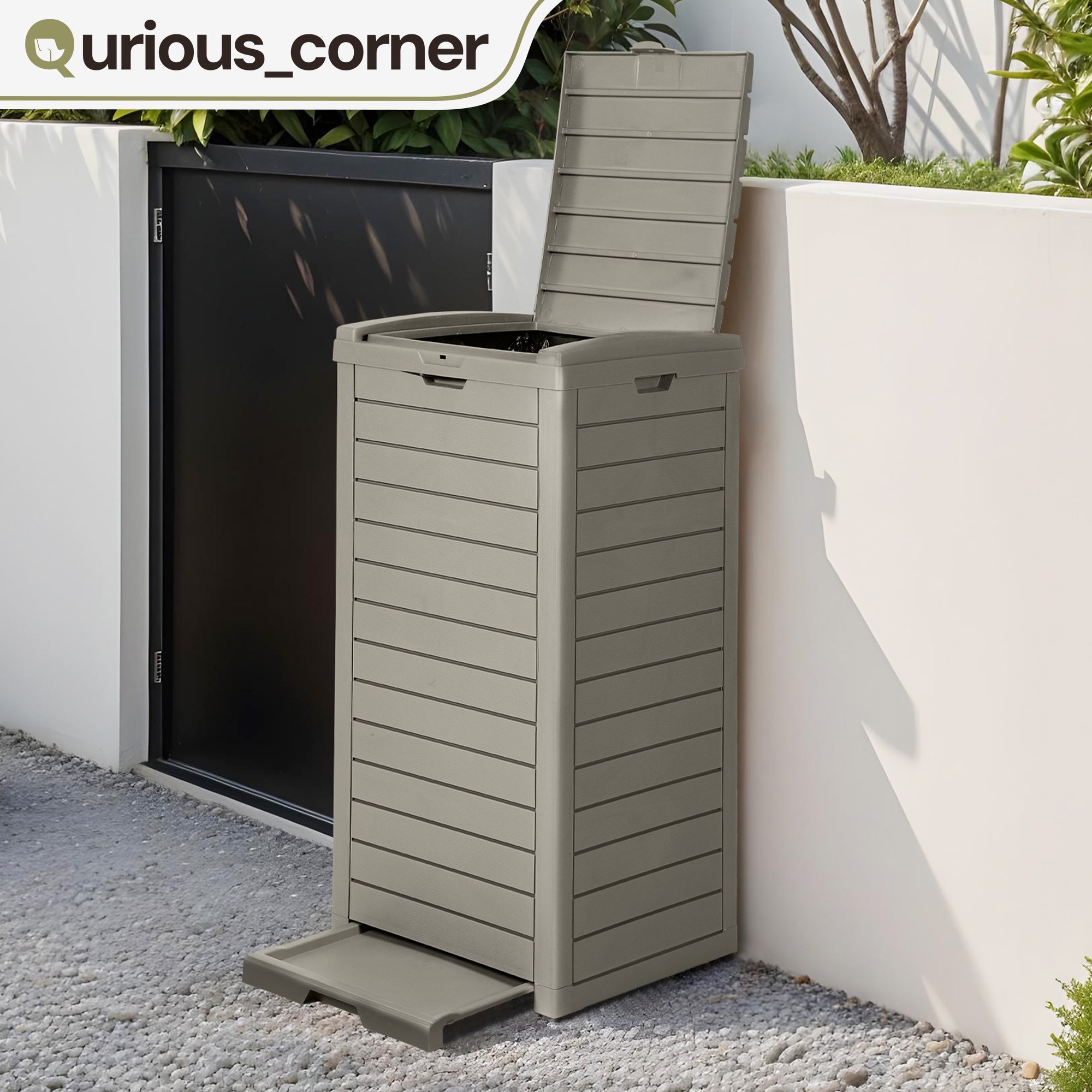 Moasis 38 Gallon Large Hideaway Outdoor Trash Can, Waterproof Resin Bin with Lid and Drip Tray