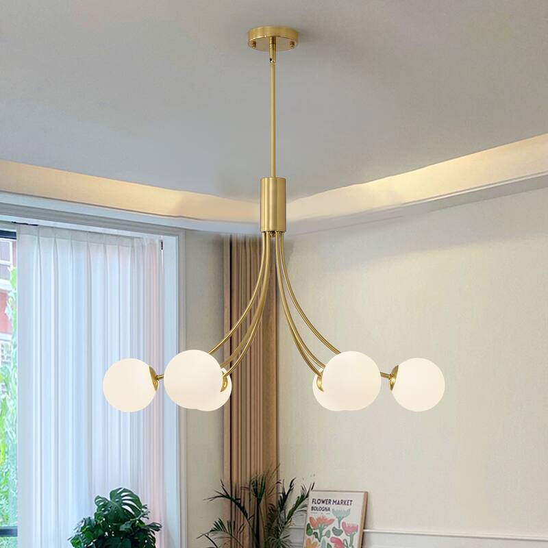 Mid - Century Modern 6 - Light Gold Sputnik Chandelier with White Glass Globes - Brushed Gold
