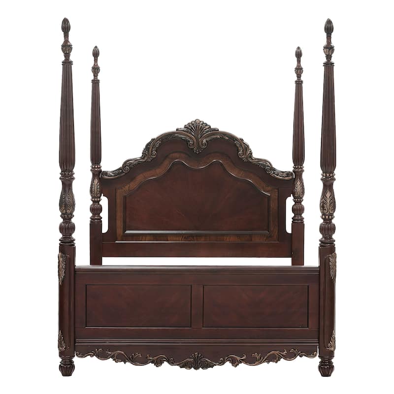 Park Queen Size Poster Bed with Shell Motifs and Burl Inlays, Brown Veneer